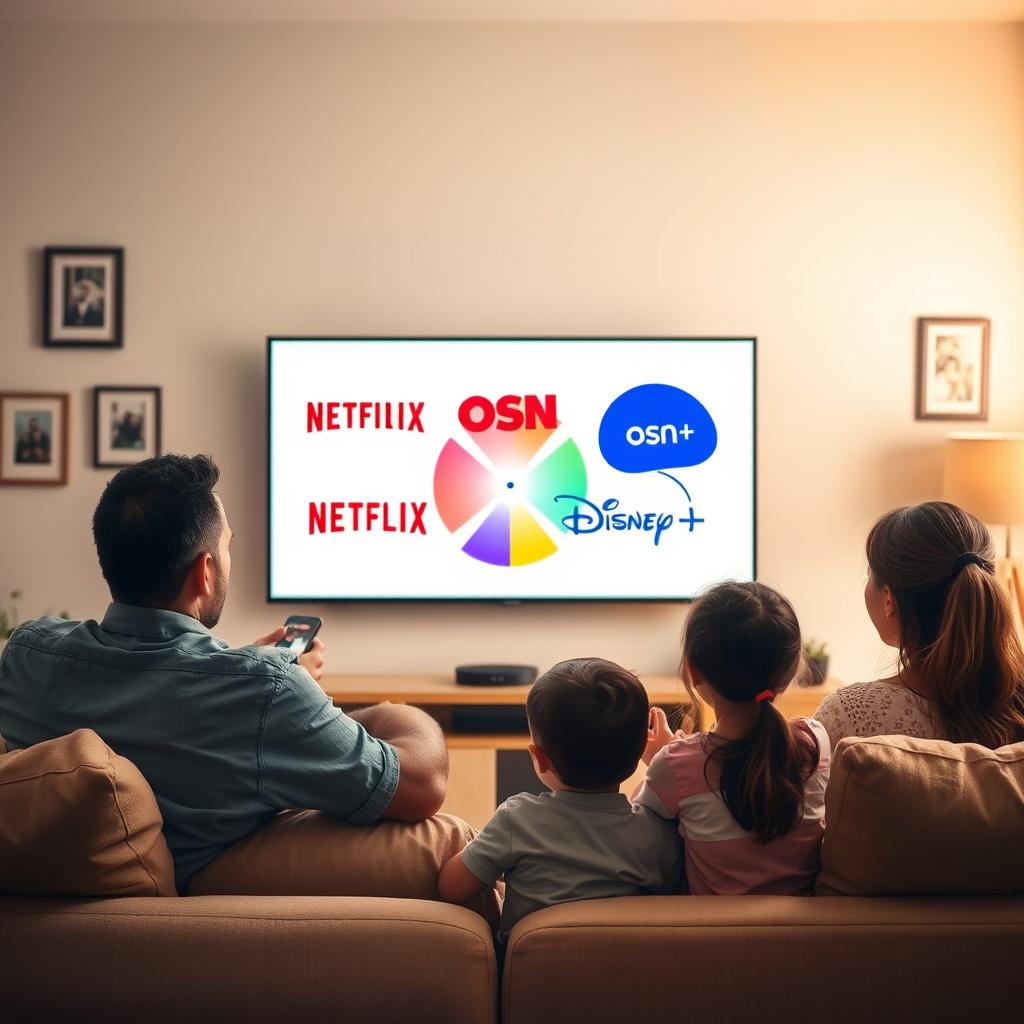 A cozy living room scene featuring a family of four, happily watching a television screen