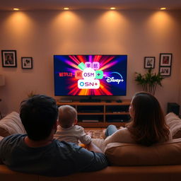 A cozy living room scene featuring a family of four, happily watching a television screen