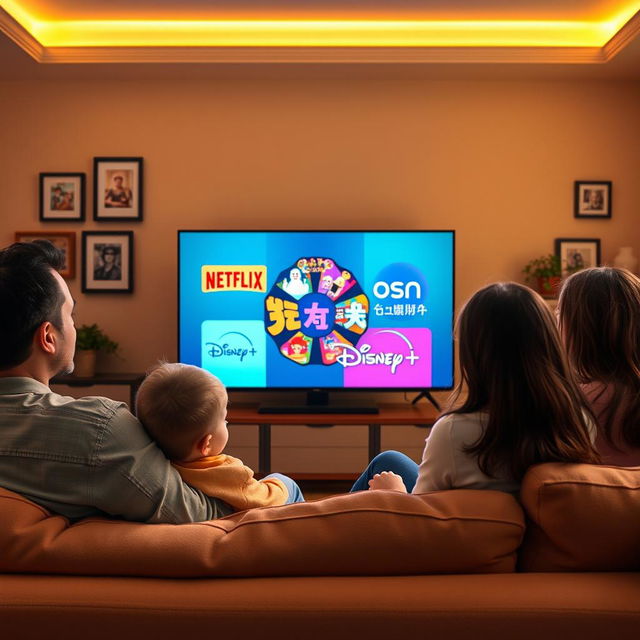 A cozy living room scene featuring a family of four, happily watching a television screen