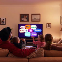 A cozy living room scene featuring a family of four, happily watching a television screen