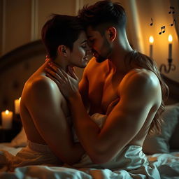 A sensual and tastefully depicted romantic scene, featuring two adults in a passionate embrace, under soft, dim lighting that creates a warm atmosphere