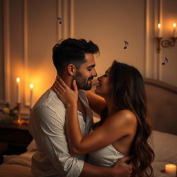 A sensual and tastefully depicted romantic scene, featuring two adults in a passionate embrace, under soft, dim lighting that creates a warm atmosphere