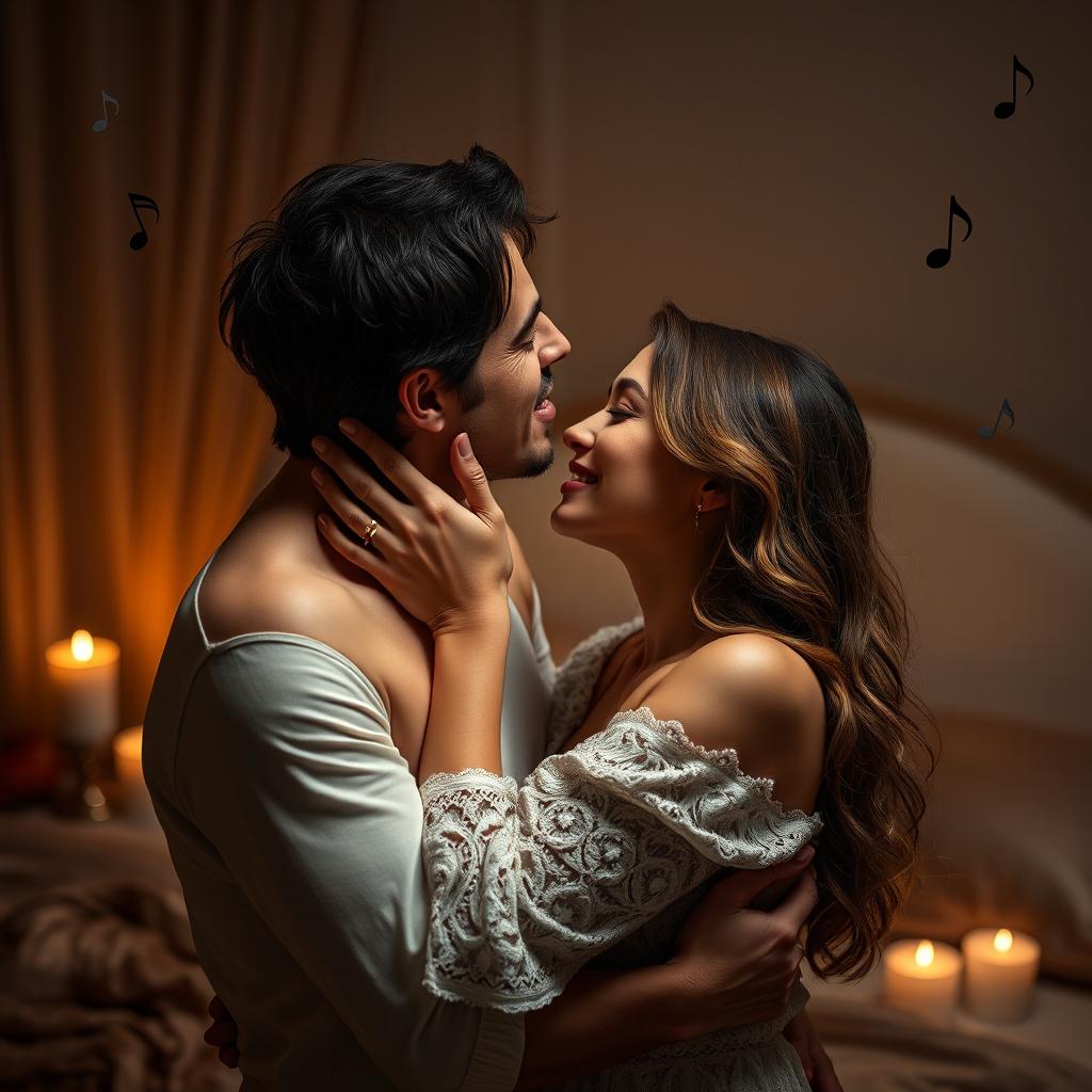 A sensual and tastefully depicted romantic scene, featuring two adults in a passionate embrace, under soft, dim lighting that creates a warm atmosphere