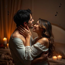 A sensual and tastefully depicted romantic scene, featuring two adults in a passionate embrace, under soft, dim lighting that creates a warm atmosphere