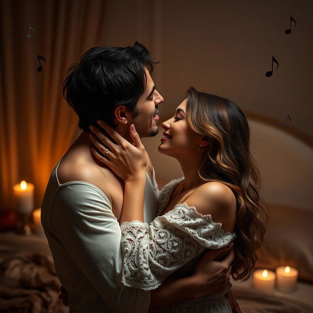 A sensual and tastefully depicted romantic scene, featuring two adults in a passionate embrace, under soft, dim lighting that creates a warm atmosphere