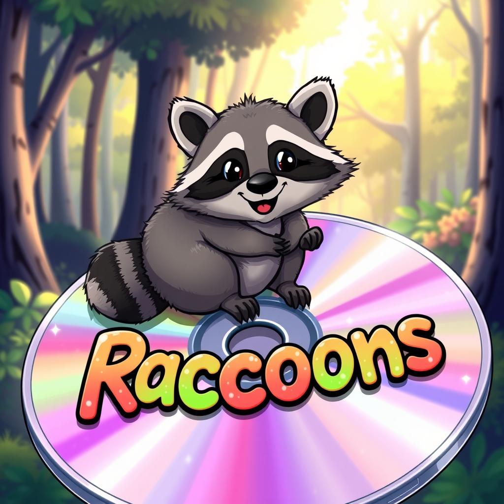 A whimsical illustration depicting a raccoon sitting atop a colorful CD, with the title 'Raccoons' creatively displayed in a playful font around the CD