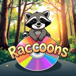 A whimsical illustration depicting a raccoon sitting atop a colorful CD, with the title 'Raccoons' creatively displayed in a playful font around the CD