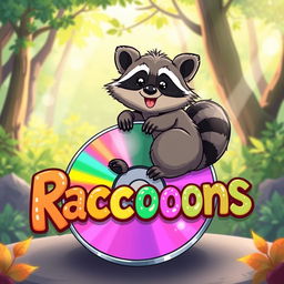A whimsical illustration depicting a raccoon sitting atop a colorful CD, with the title 'Raccoons' creatively displayed in a playful font around the CD