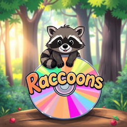 A whimsical illustration depicting a raccoon sitting atop a colorful CD, with the title 'Raccoons' creatively displayed in a playful font around the CD