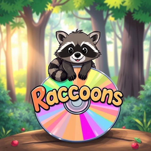 A whimsical illustration depicting a raccoon sitting atop a colorful CD, with the title 'Raccoons' creatively displayed in a playful font around the CD