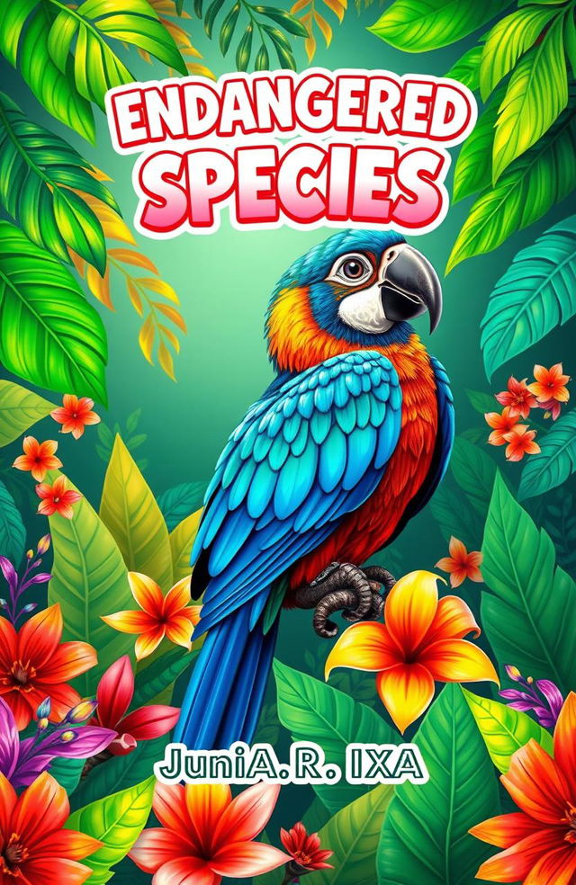 A vibrant and eye-catching book cover featuring a beautifully illustrated parrot, specifically the endangered species known as the parrot bill bird