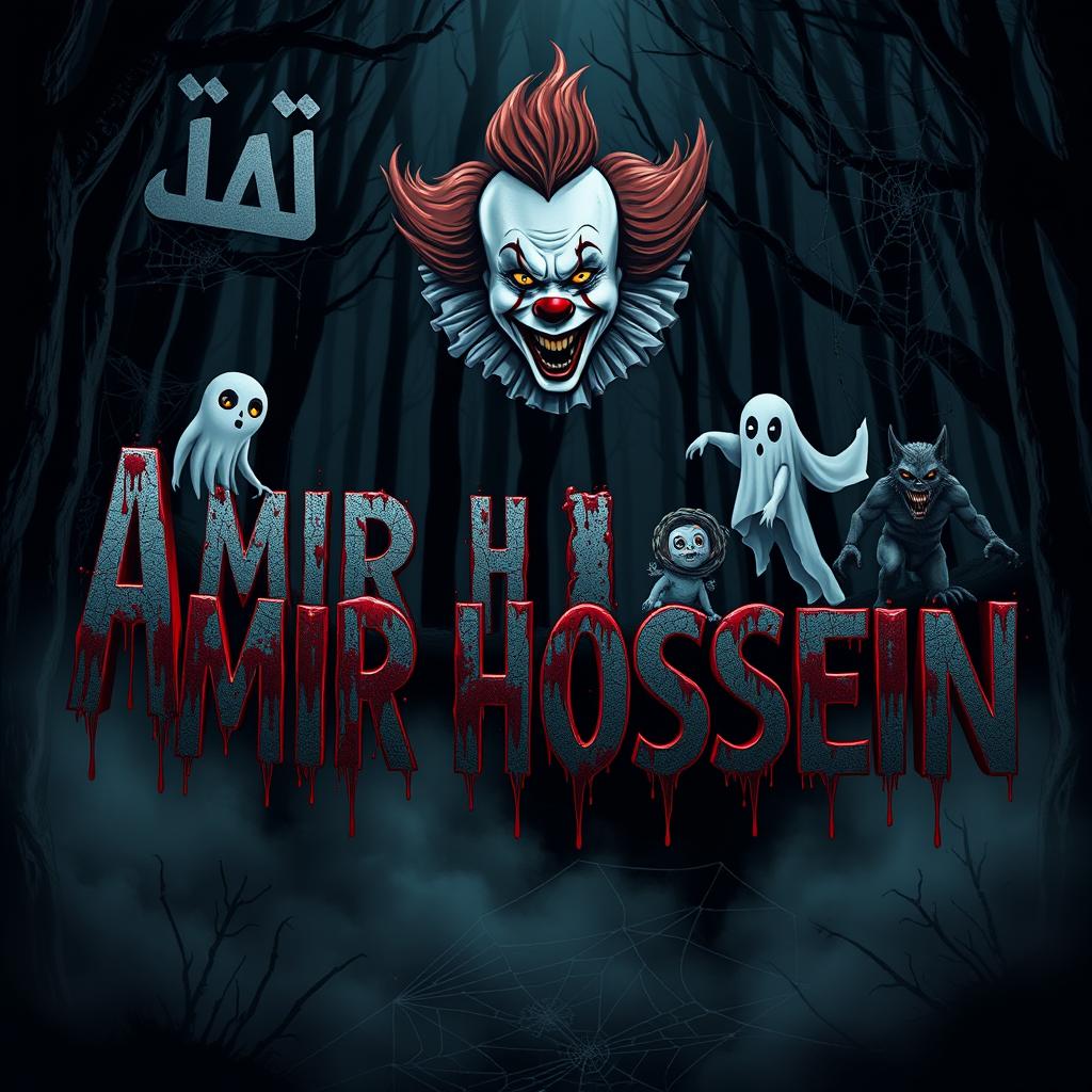 In a terrifying dark forest, the names 'AMIR HOSSEIN' stand out prominently, with 'پنیوایس' (Pennywise the Clown) hovering ominously above