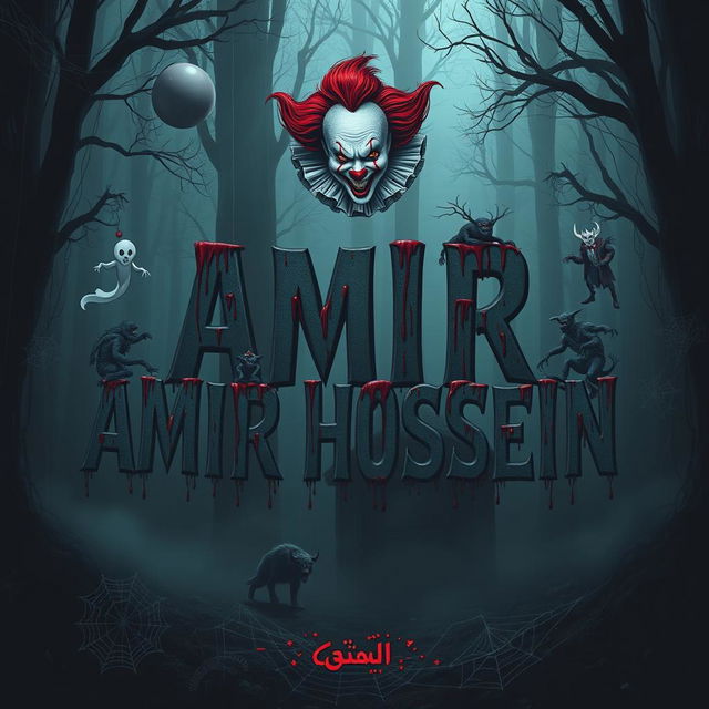 In a terrifying dark forest, the names 'AMIR HOSSEIN' stand out prominently, with 'پنیوایس' (Pennywise the Clown) hovering ominously above