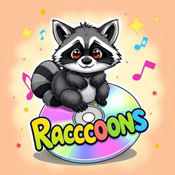 A playful and whimsical illustration of a raccoon sitting on top of a shiny CD, looking curious and mischievous