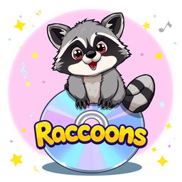 A playful and whimsical illustration of a raccoon sitting on top of a shiny CD, looking curious and mischievous