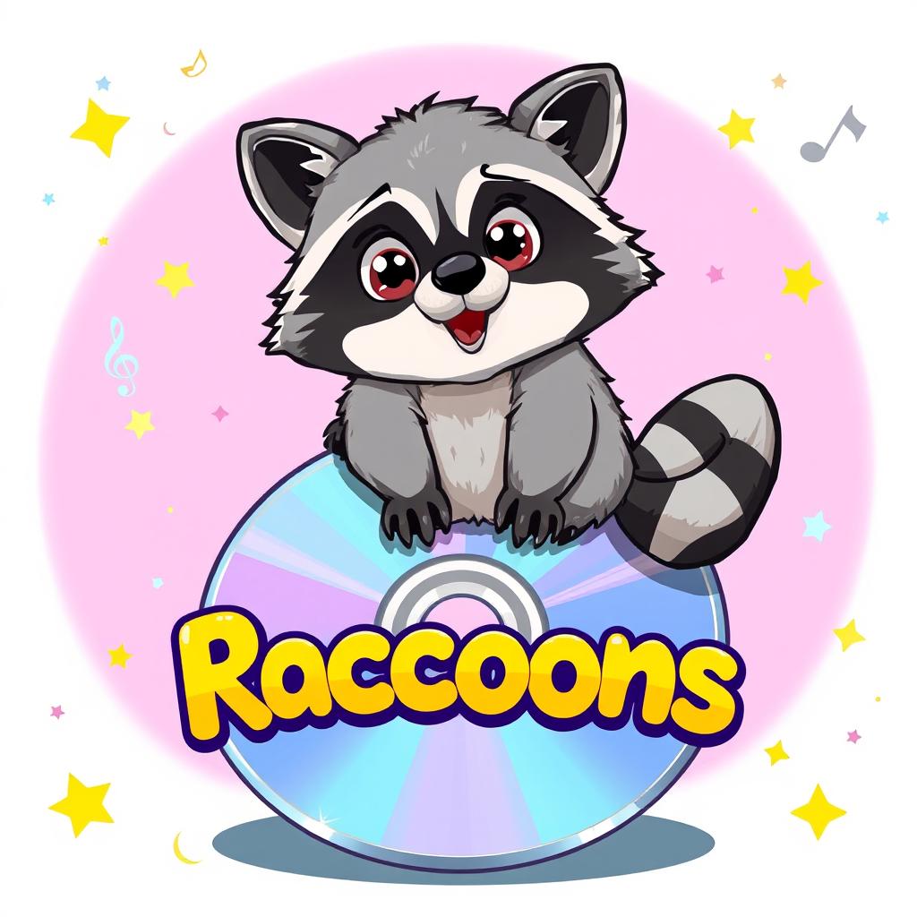 A playful and whimsical illustration of a raccoon sitting on top of a shiny CD, looking curious and mischievous