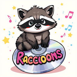 A playful and whimsical illustration of a raccoon sitting on top of a shiny CD, looking curious and mischievous