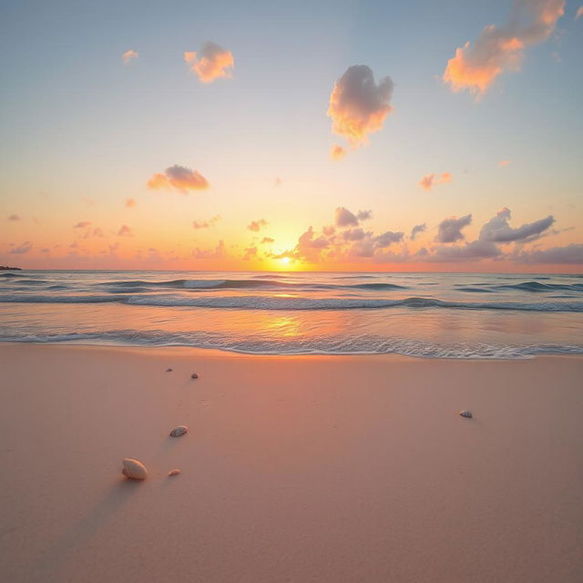 A serene landscape of a tranquil beach at sunset, featuring golden-orange hues reflecting on gentle waves