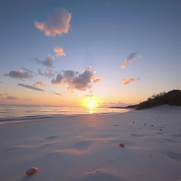 A serene landscape of a tranquil beach at sunset, featuring golden-orange hues reflecting on gentle waves