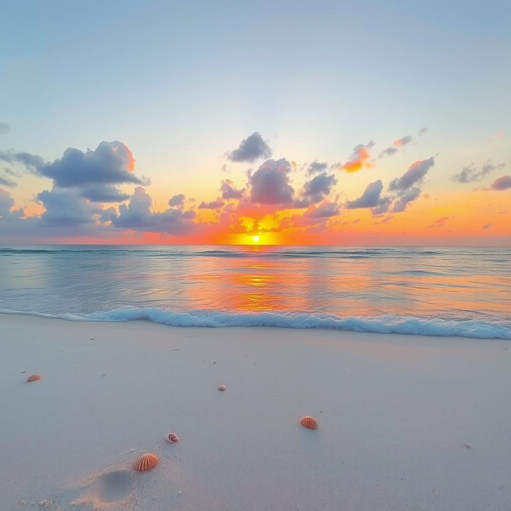 A serene landscape of a tranquil beach at sunset, featuring golden-orange hues reflecting on gentle waves