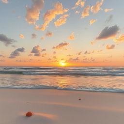 A serene landscape of a tranquil beach at sunset, featuring golden-orange hues reflecting on gentle waves