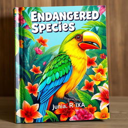 A vibrant and captivating book cover featuring a stunning illustration of the parrot bill bird, an endangered species