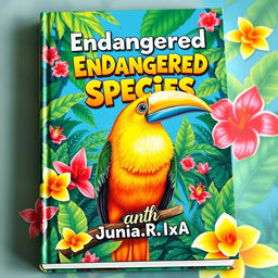 A vibrant and captivating book cover featuring a stunning illustration of the parrot bill bird, an endangered species