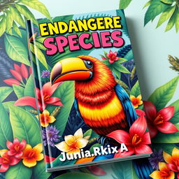 A vibrant and captivating book cover featuring a stunning illustration of the parrot bill bird, an endangered species