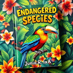 A vibrant and captivating book cover featuring a stunning illustration of the parrot bill bird, an endangered species
