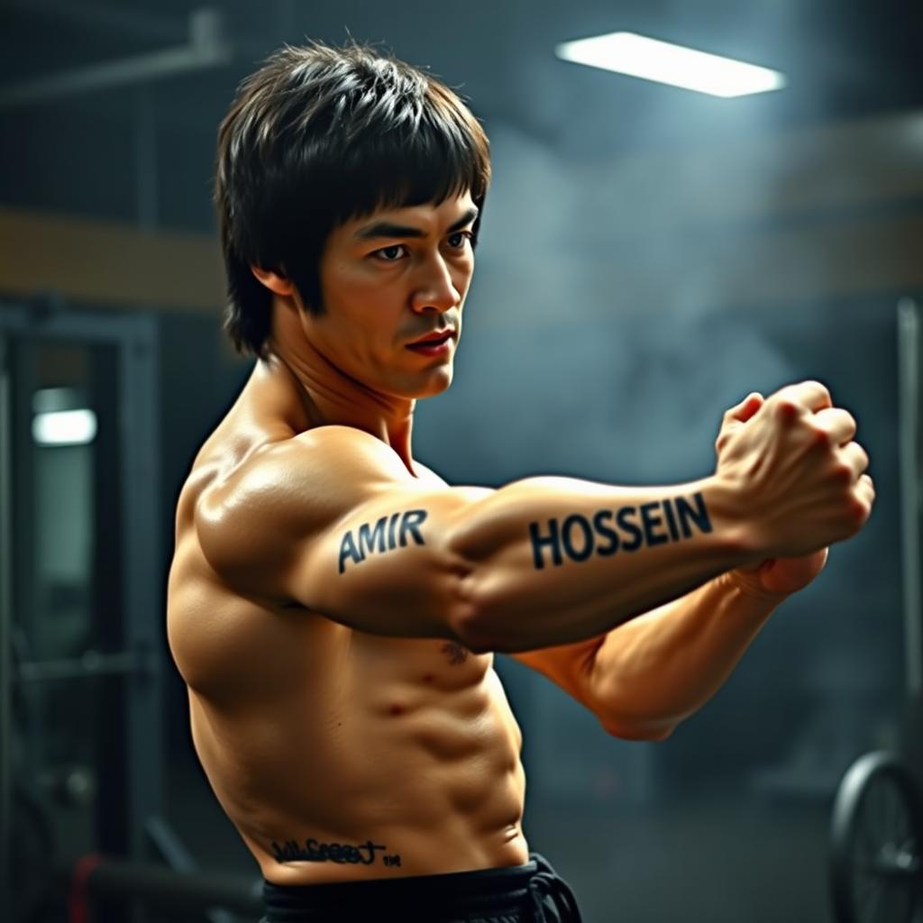 A striking image of Bruce Lee in a gym setting, showcasing his iconic physique