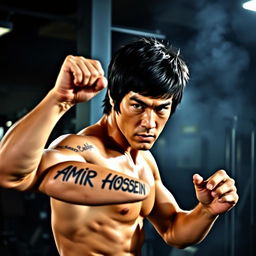 A striking image of Bruce Lee in a gym setting, showcasing his iconic physique