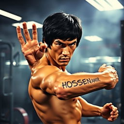 A striking image of Bruce Lee in a gym setting, showcasing his iconic physique