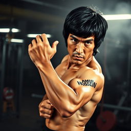 A striking image of Bruce Lee in a gym setting, showcasing his iconic physique