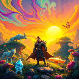 A fantastical scene from Iskai's world, showcasing a vibrant, otherworldly landscape filled with lush, glowing flora and mystical creatures