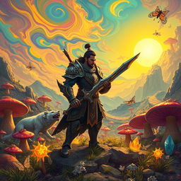 A fantastical scene from Iskai's world, showcasing a vibrant, otherworldly landscape filled with lush, glowing flora and mystical creatures