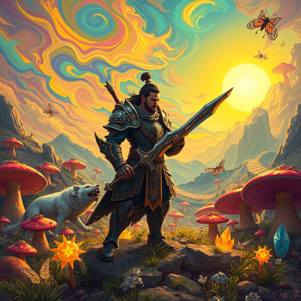 A fantastical scene from Iskai's world, showcasing a vibrant, otherworldly landscape filled with lush, glowing flora and mystical creatures