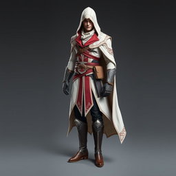 A full suit of an assassin in a style reminiscent of Assassin's Creed, featuring a design with a short hood
