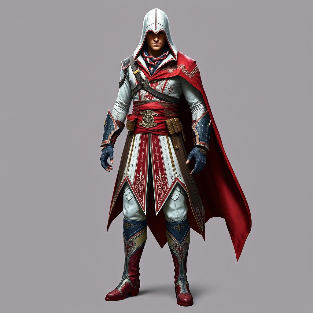 A full suit of an assassin in a style reminiscent of Assassin's Creed, featuring a design with a short hood
