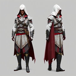 A full suit of an assassin in a style reminiscent of Assassin's Creed, featuring a design with a short hood