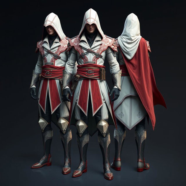 A full suit of an assassin in a style reminiscent of Assassin's Creed, featuring a design with a short hood