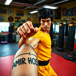 A dynamic scene featuring Bruce Lee in a martial arts gym, practicing his signature moves, surrounded by various martial arts equipment like mats and punching bags