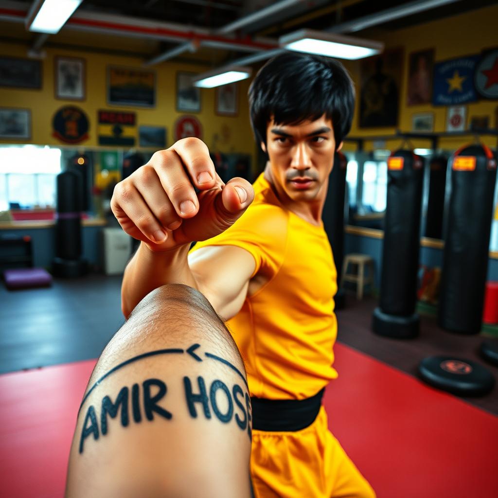 A dynamic scene featuring Bruce Lee in a martial arts gym, practicing his signature moves, surrounded by various martial arts equipment like mats and punching bags