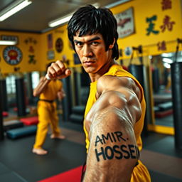 A dynamic scene featuring Bruce Lee in a martial arts gym, practicing his signature moves, surrounded by various martial arts equipment like mats and punching bags
