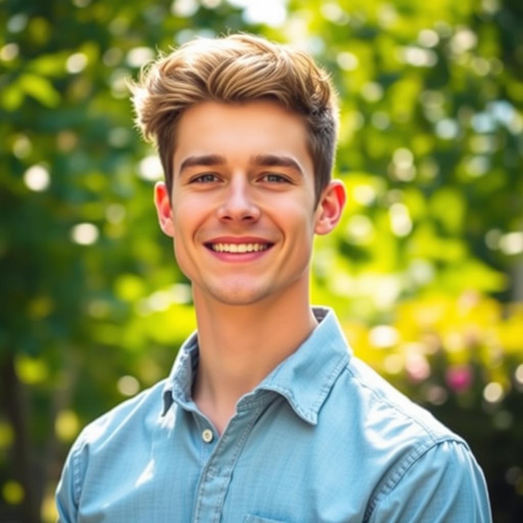 A handsome young man standing confidently with striking features and a warm smile