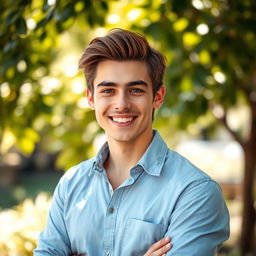 A handsome young man standing confidently with striking features and a warm smile