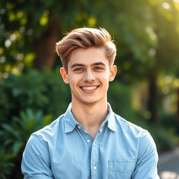 A handsome young man standing confidently with striking features and a warm smile