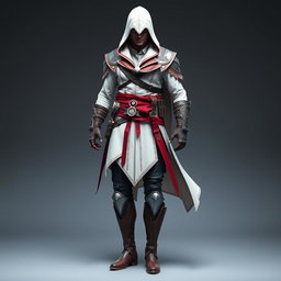 A full suit of an assassin inspired by the Assassin's Creed universe, featuring a very short hood that adds a unique twist to the classic design