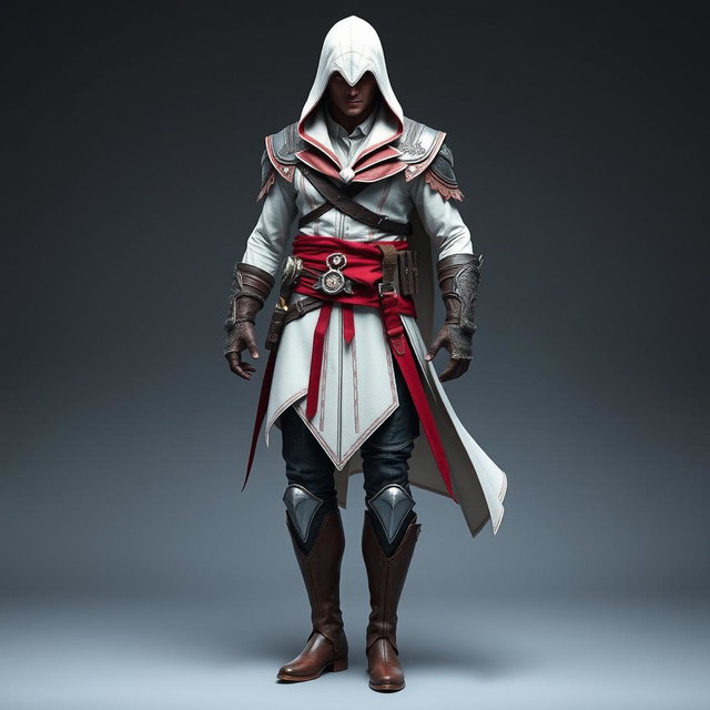 A full suit of an assassin inspired by the Assassin's Creed universe, featuring a very short hood that adds a unique twist to the classic design