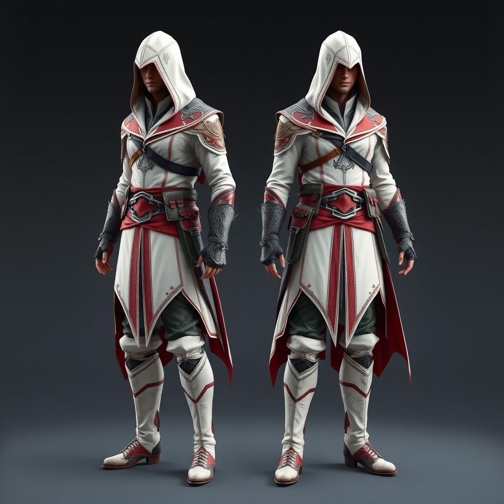 A full suit of an assassin inspired by the Assassin's Creed universe, featuring a very short hood that adds a unique twist to the classic design