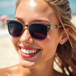 A close-up portrait of a smiling person with a stylish pair of sunglasses on their face